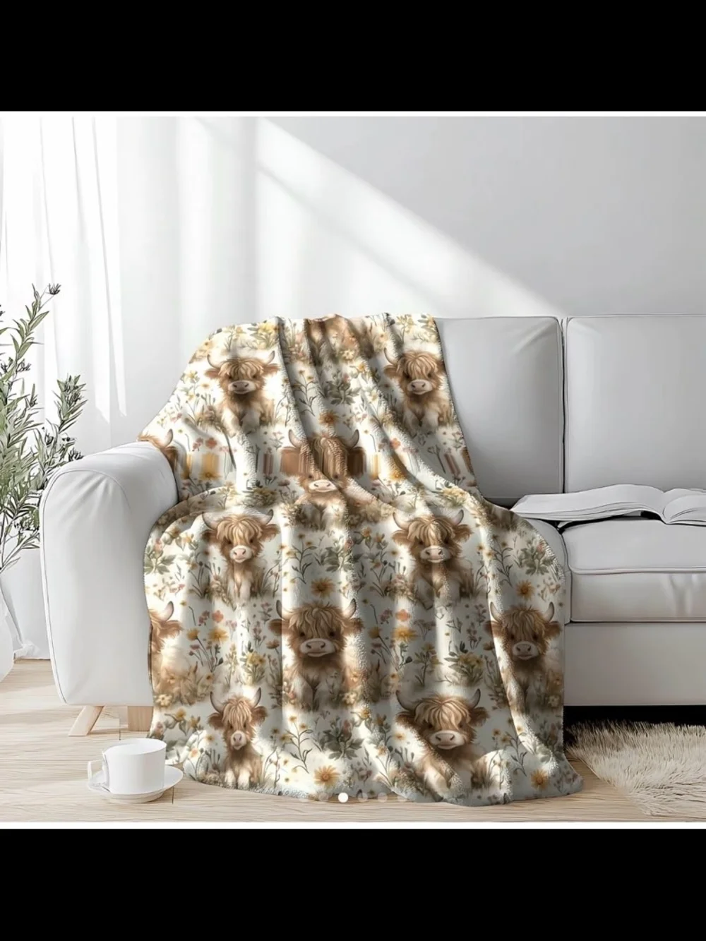 Plush Highland Cow & Wildflower Throw Blanket - Cream, Brown, Green